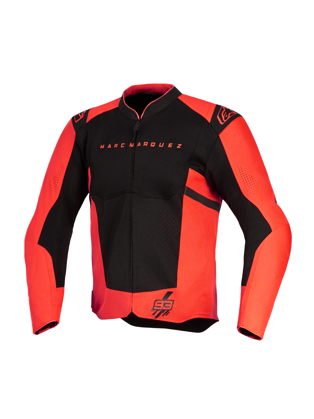 Veste Alpinestars MM93 T-SPS Air v2, veste de moto, rouge fluo et noir, avec le texte Marc Marquez sur la poitrine et le logo 93 sur l'ourlet, logos Alpinestars sur les épaules, panneaux en mesh pour la circulation de l'air, conception en textile à coupe sportive