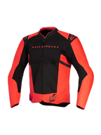 Veste Alpinestars MM93 T-SPS Air v2, veste de moto, rouge fluo et noir, avec le texte Marc Marquez sur la poitrine et le logo 93 sur l'ourlet, logos Alpinestars sur les épaules, panneaux en mesh pour la circulation de l'air, conception en textile à coupe sportive