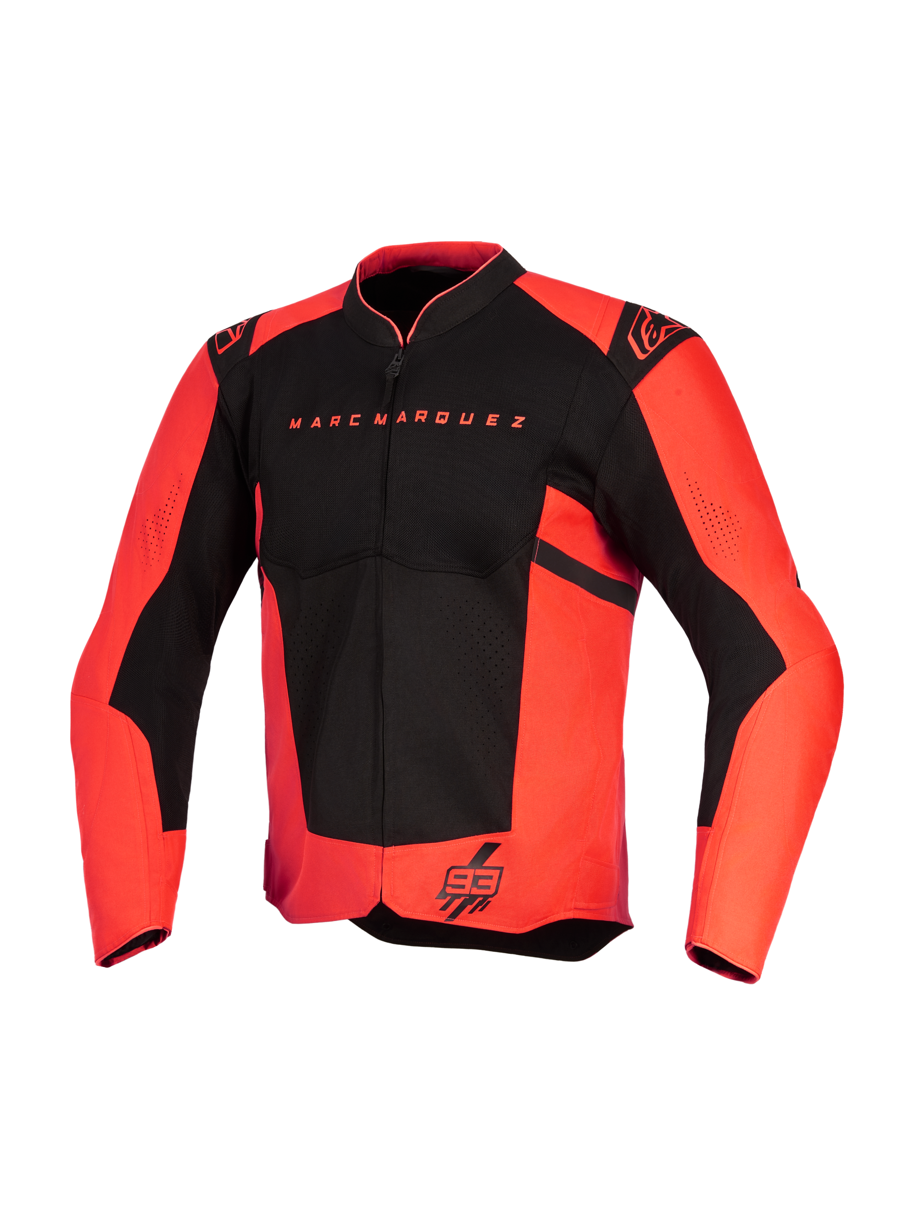 Veste Alpinestars MM93 T-SPS Air v2, veste de moto, rouge fluo et noir, avec le texte Marc Marquez sur la poitrine et le logo 93 sur l'ourlet, logos Alpinestars sur les épaules, panneaux en mesh pour la circulation de l'air, conception en textile à coupe sportive