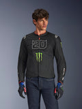 Alpinestars FQ20 T-SPS Air V2 Monster Jacket, Black motorcycle jacket with large white '20' and green Monster Energy logo, worn by a male model with dark jeans and matching gloves, lightweight mesh construction for urban riding