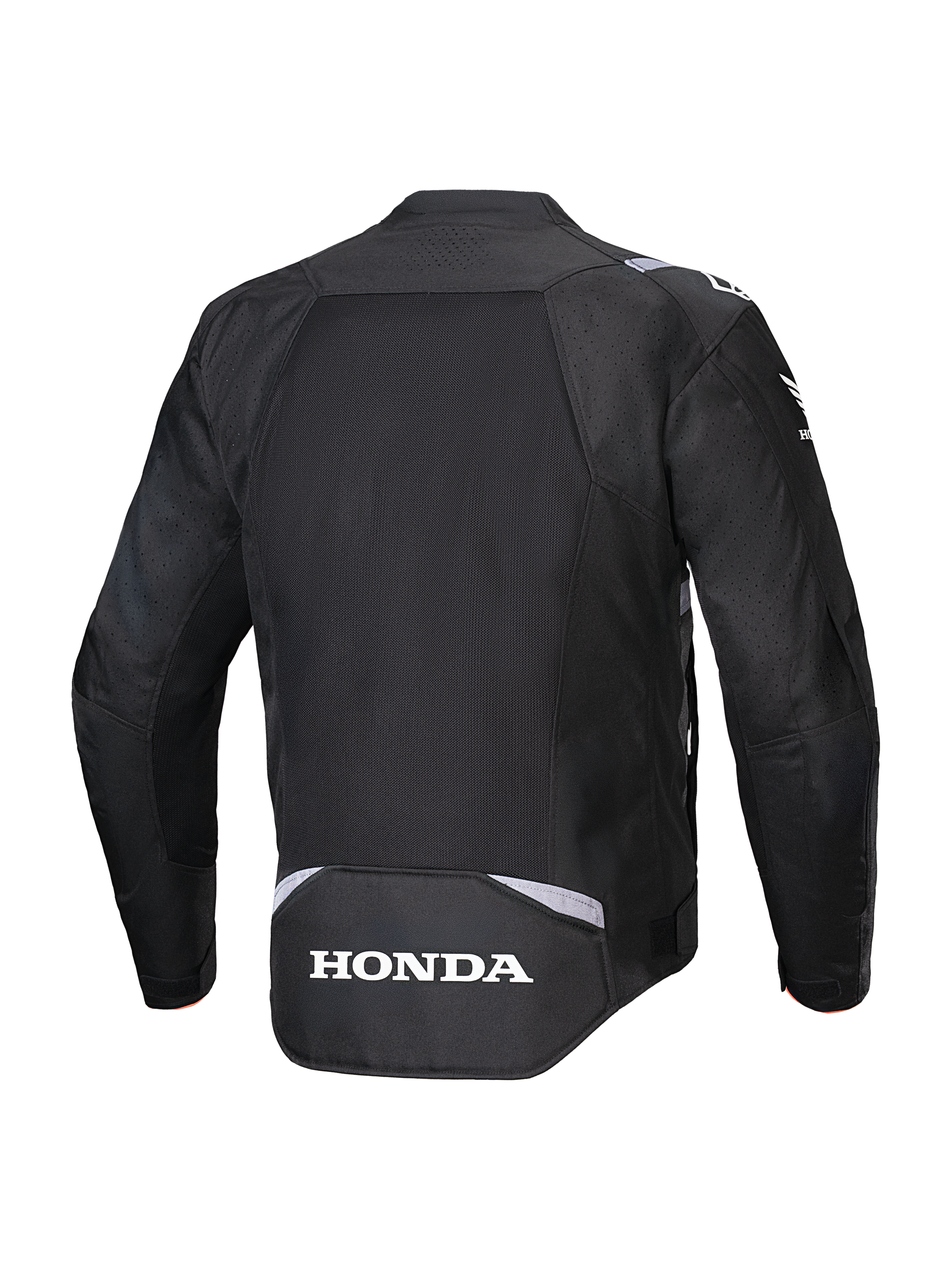Alpinestars Honda T-SPS Air V2 Jacket, Black, Rear view featuring a large mesh back panel for airflow, white Honda logo on the lower back, and Alpinestars branding on the shoulders, textile motorcycle jacket for summer riding.