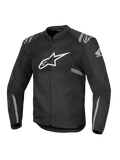 Alpinestars Honda T-SPS Air V2 Jacket, Black textile motorcycle jacket with large white Alpinestars logo on chest and Honda wing logo on sleeve, featuring perforated mesh panels for breathability, gray reflective stripes on sleeves and waist, and front zipper closure.