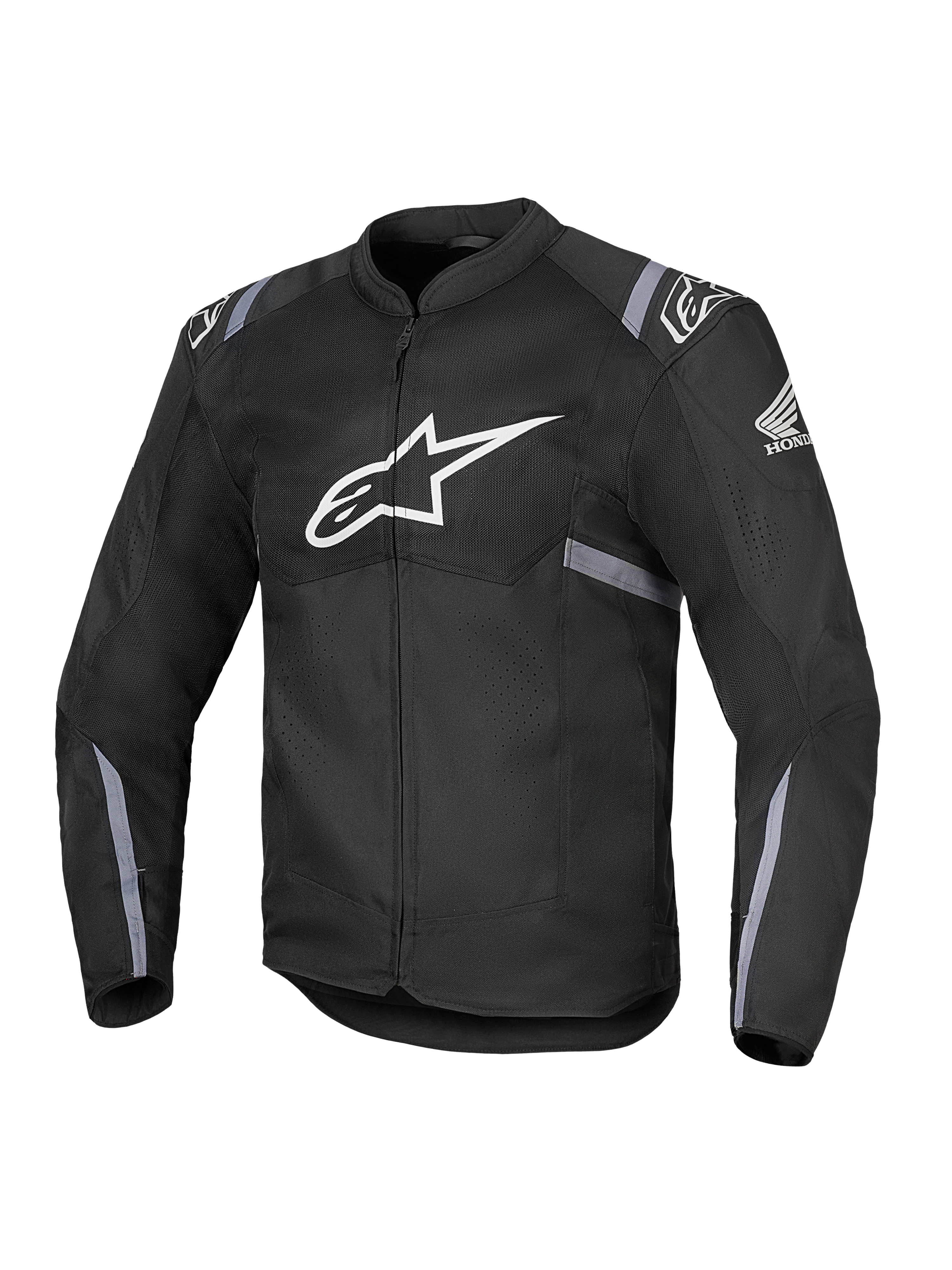 Alpinestars Honda T-SPS Air V2 Jacket, Black textile motorcycle jacket with large white Alpinestars logo on chest and Honda wing logo on sleeve, featuring perforated mesh panels for breathability, gray reflective stripes on sleeves and waist, and front zipper closure.