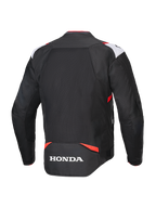 Veste Alpinestars Honda T-SPS Air V2, veste de moto en textile, noir, blanc et rouge vif, vue arrière montrant un large panneau en mesh pour la circulation de l'air et le logo Honda blanc sur le bas du dos, design de style sport pour la conduite urbaine estivale