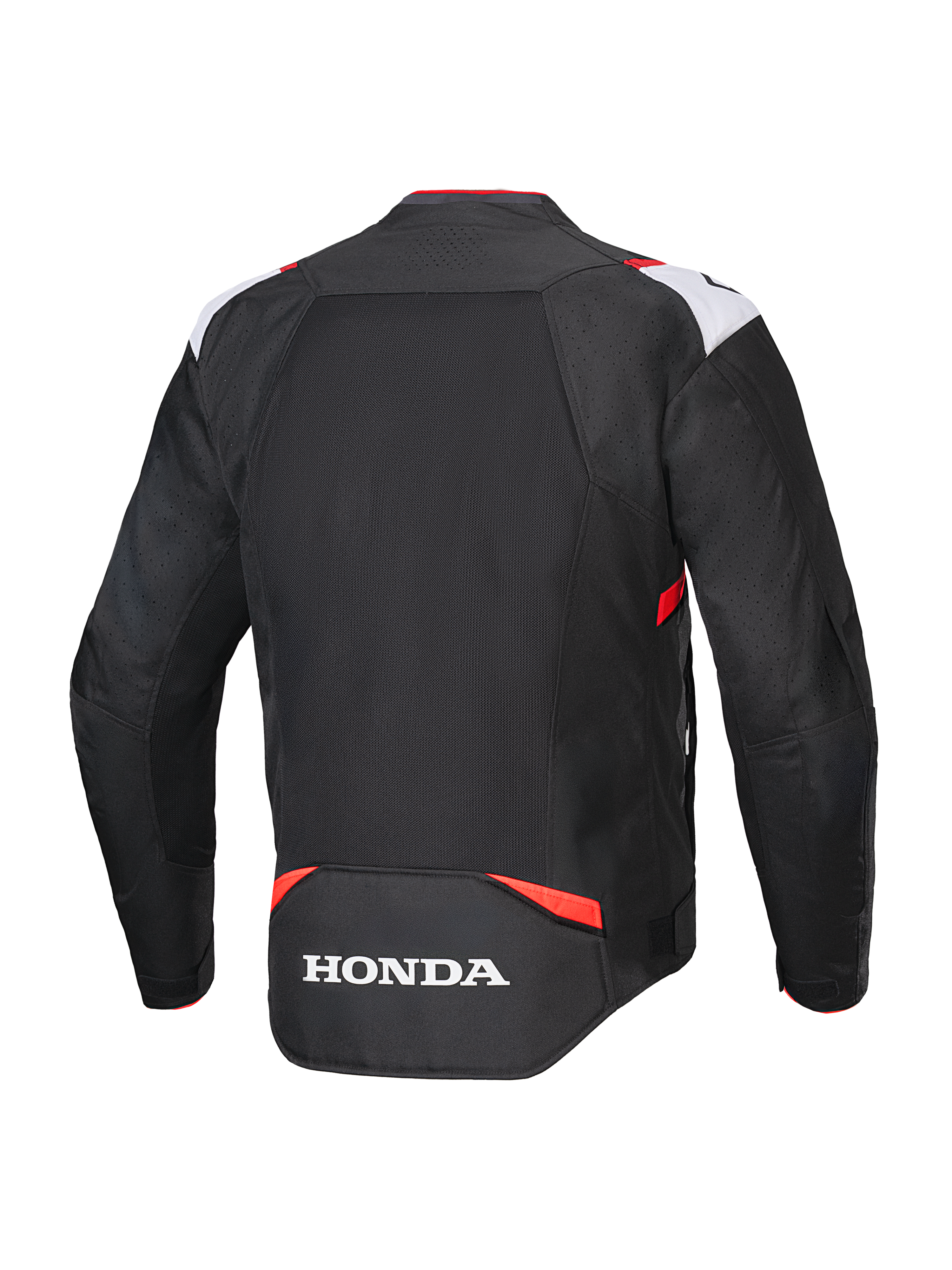 Veste Alpinestars Honda T-SPS Air V2, veste de moto en textile, noir, blanc et rouge vif, vue arrière montrant un large panneau en mesh pour la circulation de l'air et le logo Honda blanc sur le bas du dos, design de style sport pour la conduite urbaine estivale