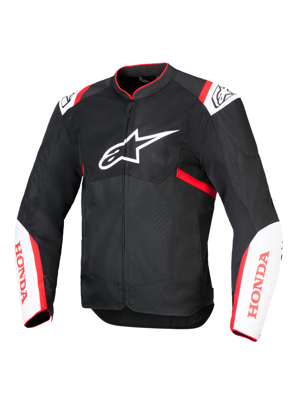 Blouson Alpinestars Honda T-SPS Air V2, blouson de moto en textile, noir avec accents blanc et rouge vif, doté de panneaux en mesh technique ventilés, logo Alpinestars sur la poitrine et marquage Honda rouge sur les manches, design urbain sportif pour une circulation d'air optimale