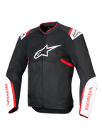 Blouson Alpinestars Honda T-SPS Air V2, blouson de moto en textile, noir avec accents blanc et rouge vif, doté de panneaux en mesh technique ventilés, logo Alpinestars sur la poitrine et marquage Honda rouge sur les manches, design urbain sportif pour une circulation d'air optimale