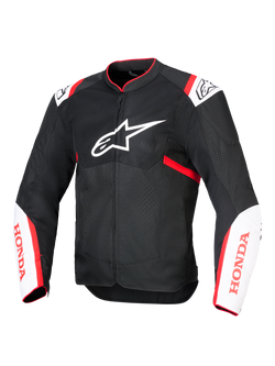Blouson Alpinestars Honda T-SPS Air V2, blouson de moto en textile, noir avec accents blanc et rouge vif, doté de panneaux en mesh technique ventilés, logo Alpinestars sur la poitrine et marquage Honda rouge sur les manches, design urbain sportif pour une circulation d'air optimale