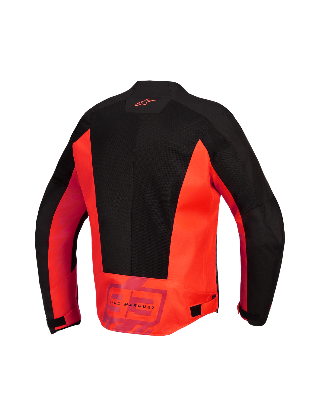 Veste Alpinestars MM93 C-1 Air, vue arrière, rouge fluo et noir, veste de moto en textile dotée de grands panneaux en maille technique, logo Alpinestars sur le haut du dos et marquage « MM93 Marc Marquez » sur le bas du dos, pattes de réglage à la taille