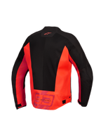 Veste Alpinestars MM93 C-1 Air, vue arrière, rouge fluo et noir, veste de moto en textile dotée de grands panneaux en maille technique, logo Alpinestars sur le haut du dos et marquage « MM93 Marc Marquez » sur le bas du dos, pattes de réglage à la taille