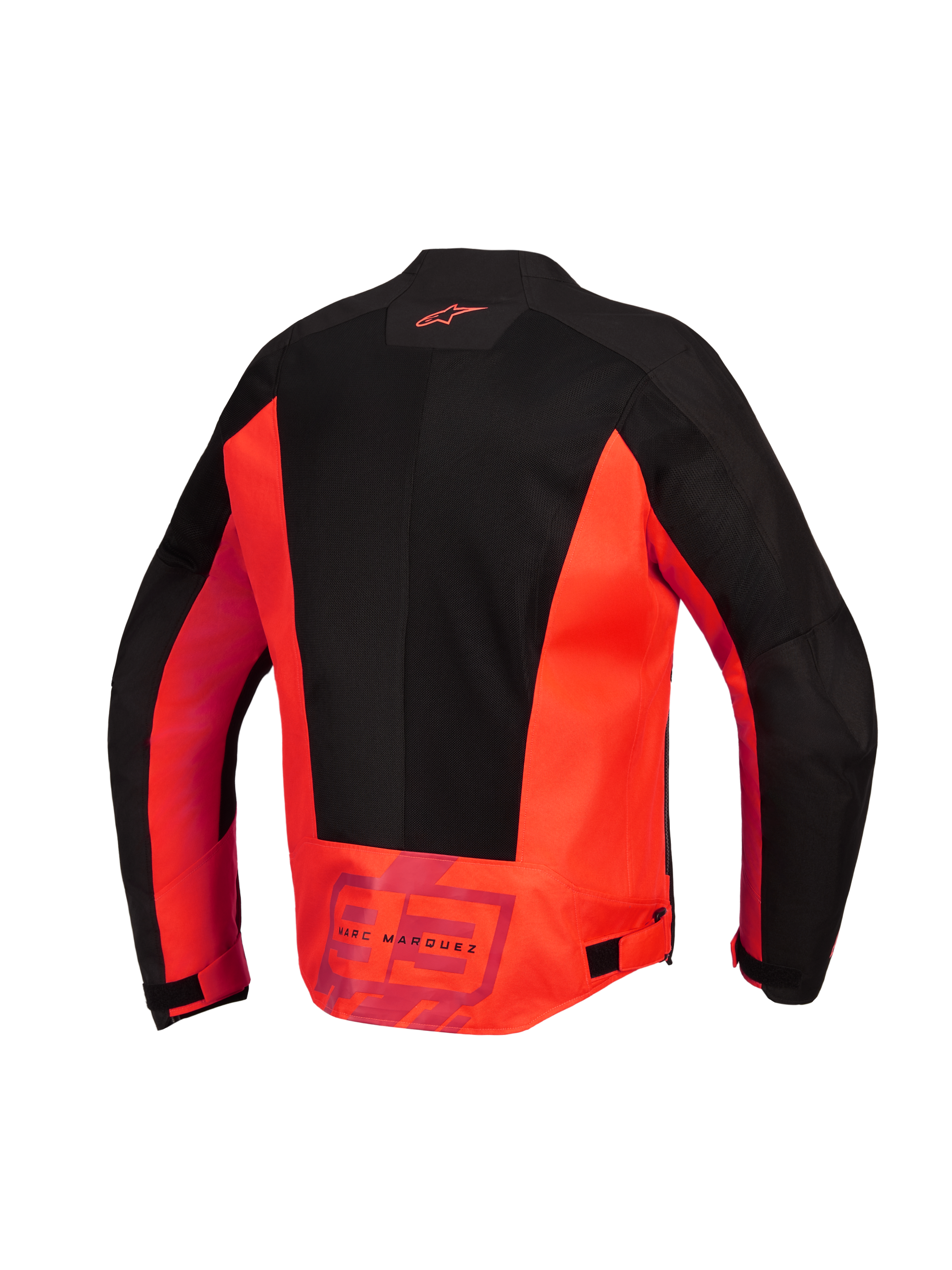 Veste Alpinestars MM93 C-1 Air, vue arrière, rouge fluo et noir, veste de moto en textile dotée de grands panneaux en maille technique, logo Alpinestars sur le haut du dos et marquage « MM93 Marc Marquez » sur le bas du dos, pattes de réglage à la taille