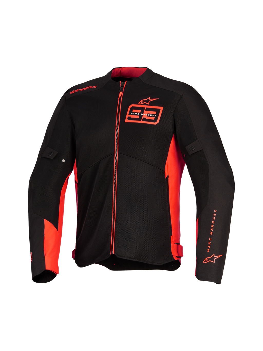 Veste Alpinestars MM93 C-1 Air, veste de moto, rouge fluo, rouge vif et noir, avec marquage Marc Marquez 93 sur la poitrine et la manche, panneaux en maille technique pour la circulation de l'air, design urbain épuré