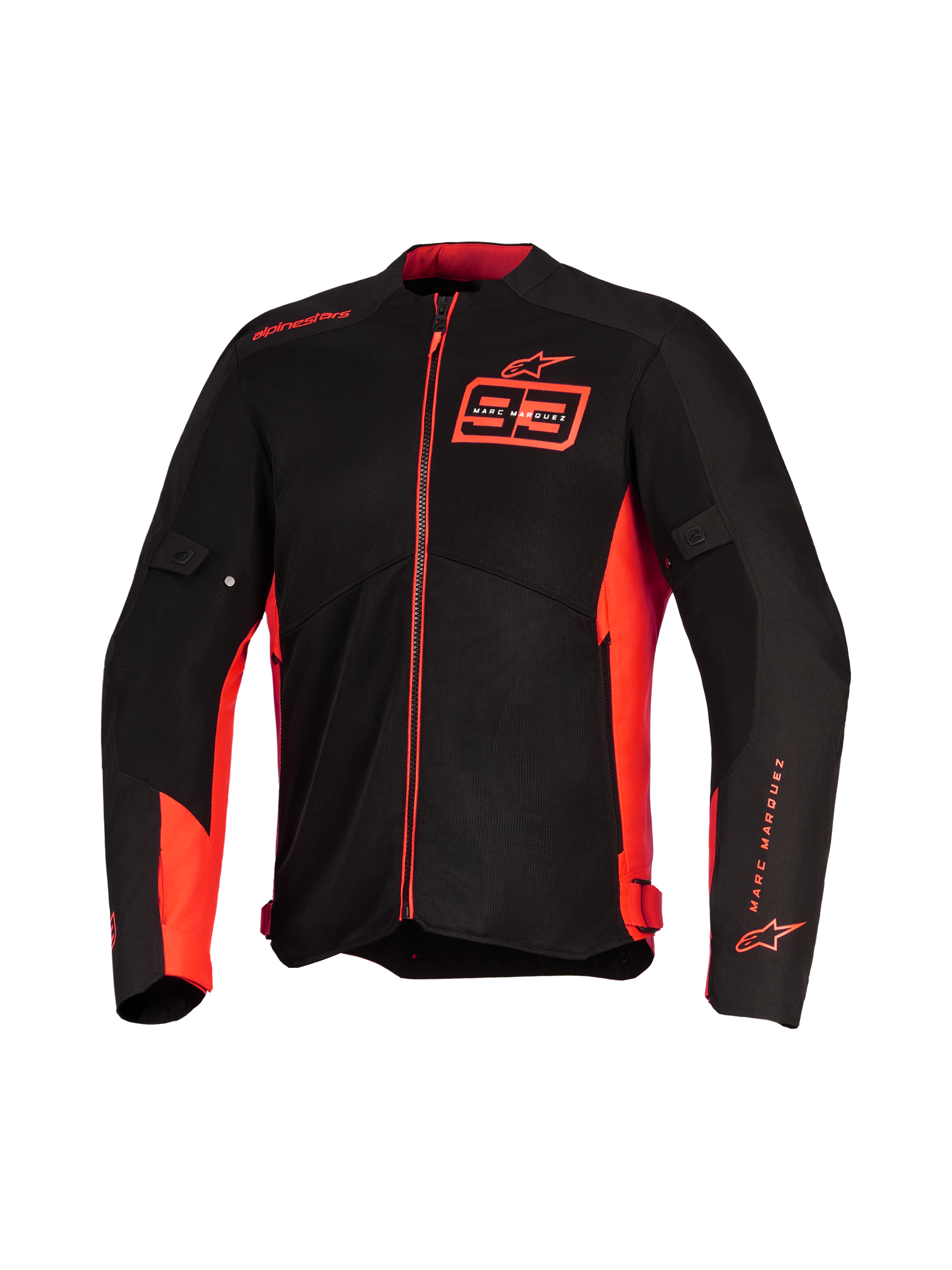 Veste Alpinestars MM93 C-1 Air, veste de moto, rouge fluo, rouge vif et noir, avec marquage Marc Marquez 93 sur la poitrine et la manche, panneaux en maille technique pour la circulation de l'air, design urbain épuré