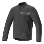 Alpinestars Aeron Jacket, veste de moto, noire, design de conduite estival minimaliste, avec col montant, fermeture éclair frontale intégrale, marquage Alpinestars ton sur ton sur la poitrine et poignets ajustables