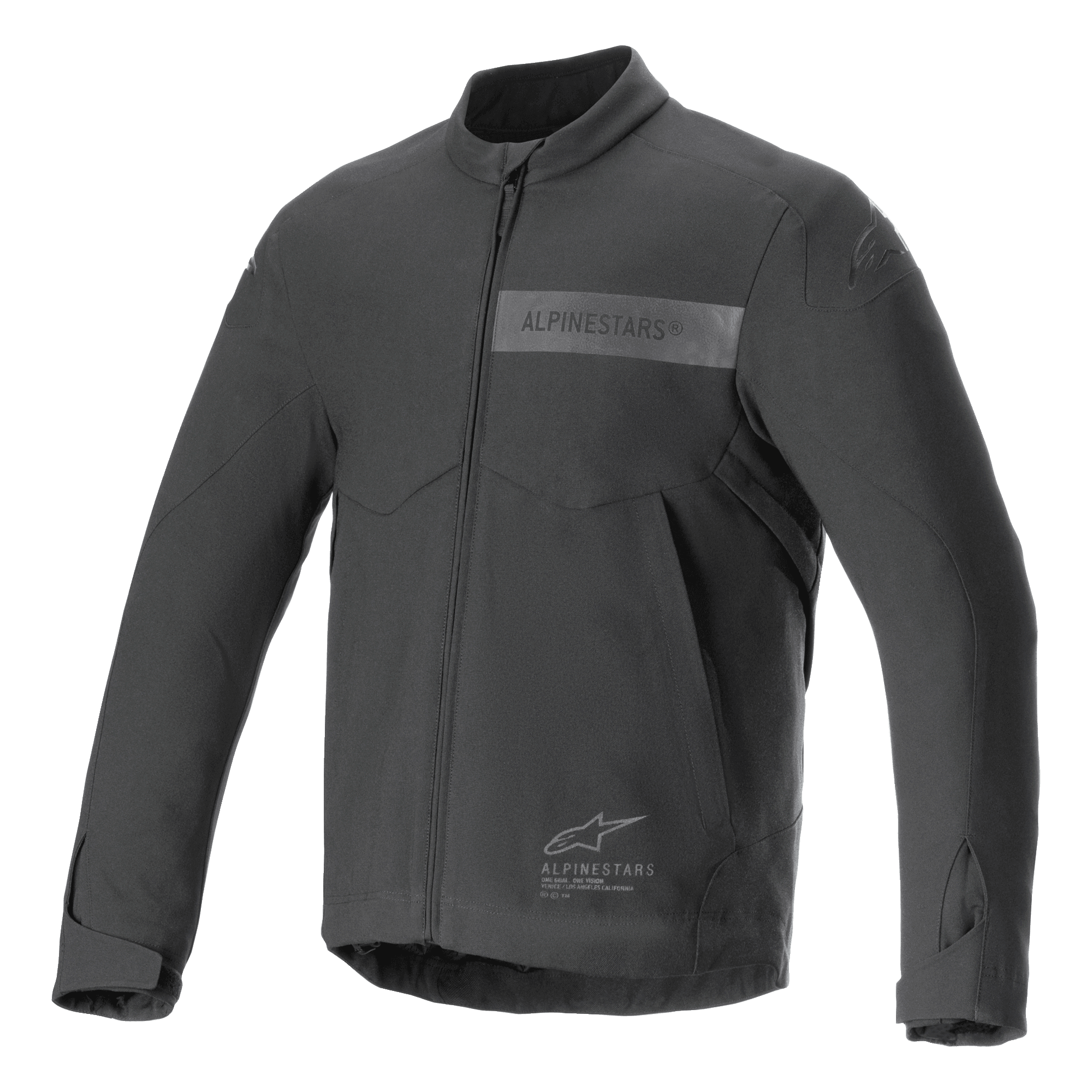 Alpinestars Aeron Jacket, veste de moto, noire, design de conduite estival minimaliste, avec col montant, fermeture éclair frontale intégrale, marquage Alpinestars ton sur ton sur la poitrine et poignets ajustables