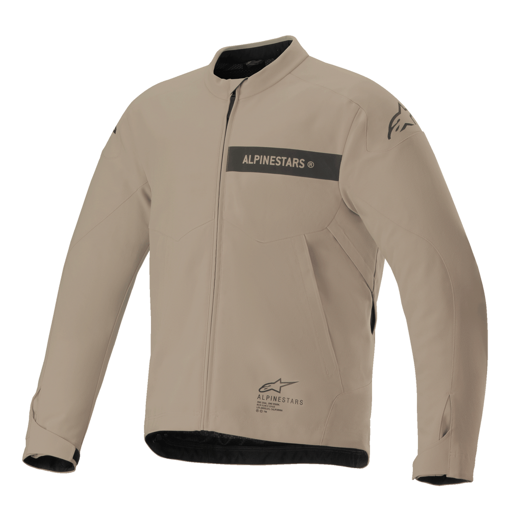 Veste Alpinestars Aeron, veste de moto urbaine, beige et noir, construction textile minimaliste avec marquage par bande sur la poitrine, fermeture éclair frontale et poignets ajustables