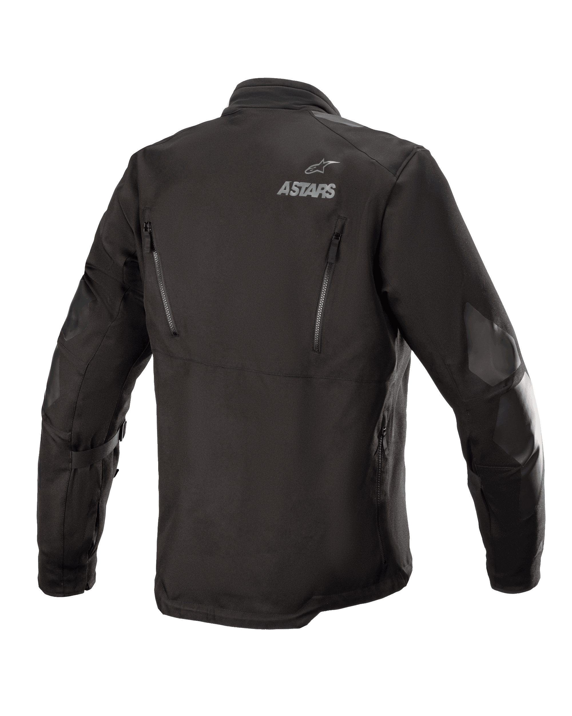 Alpinestars Venture XT Jacket, Black, Rear view of a textile adventure touring motorcycle jacket, featuring ASTARS branding on the shoulder, vertical ventilation zippers on the back, and PU film reinforcements on the arms.