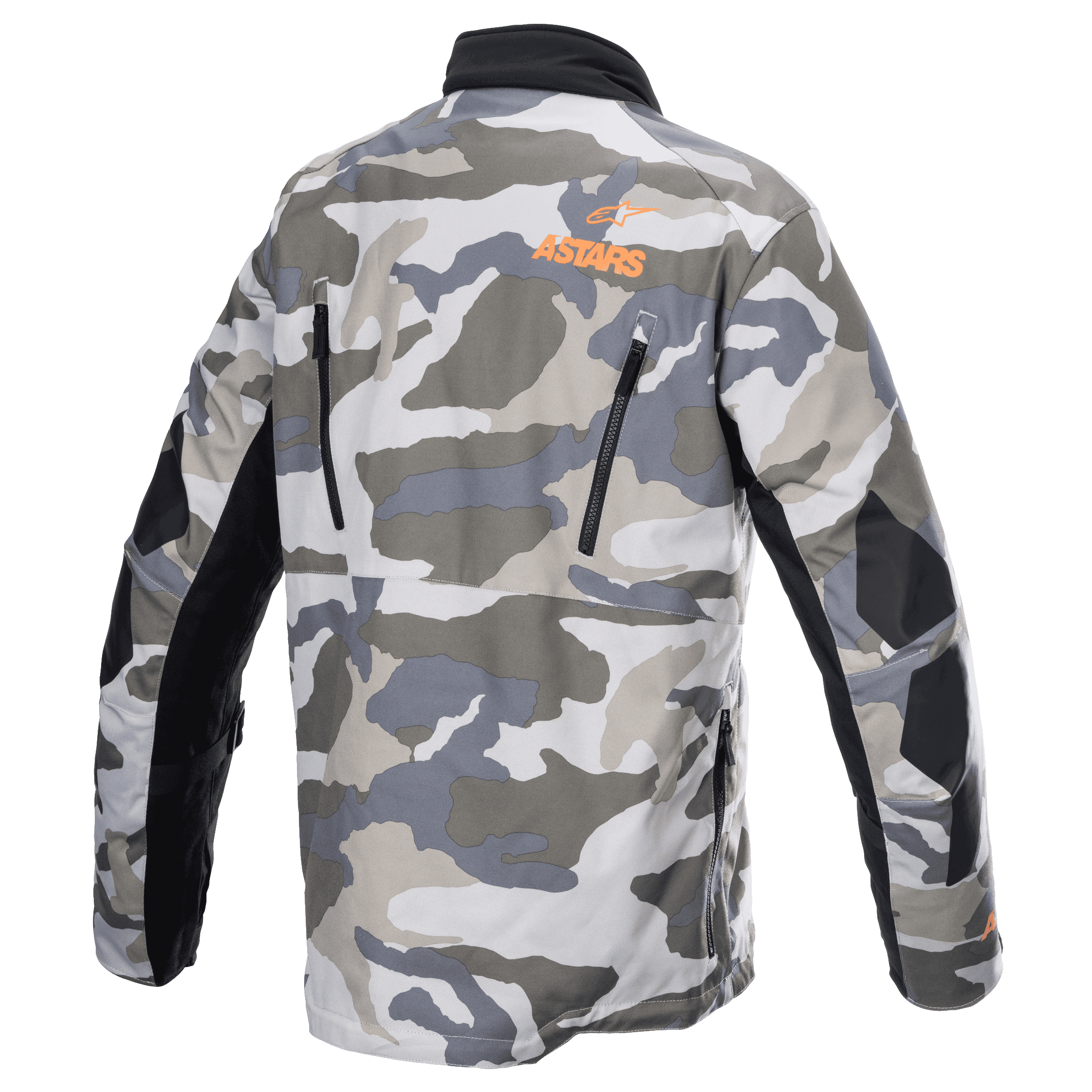 Veste Alpinestars Venture XT, Mojave Camo Orange Fluo, vue arrière montrant un motif camouflage gris et blanc, logo ASTARS orange sur le haut du dos, fermetures éclair de ventilation noires et panneaux de bras renforcés, veste de moto adventure touring