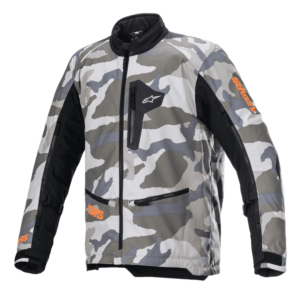 Veste Alpinestars Venture XT, veste de moto aventure touring, camouflage Mojave dans des nuances de gris et de blanc avec des accents orange fluo, panneaux textiles noirs sur les manches, poches zippées sur la poitrine et à la taille, col montant, construction textile durable pour l'aventure tout-terrain