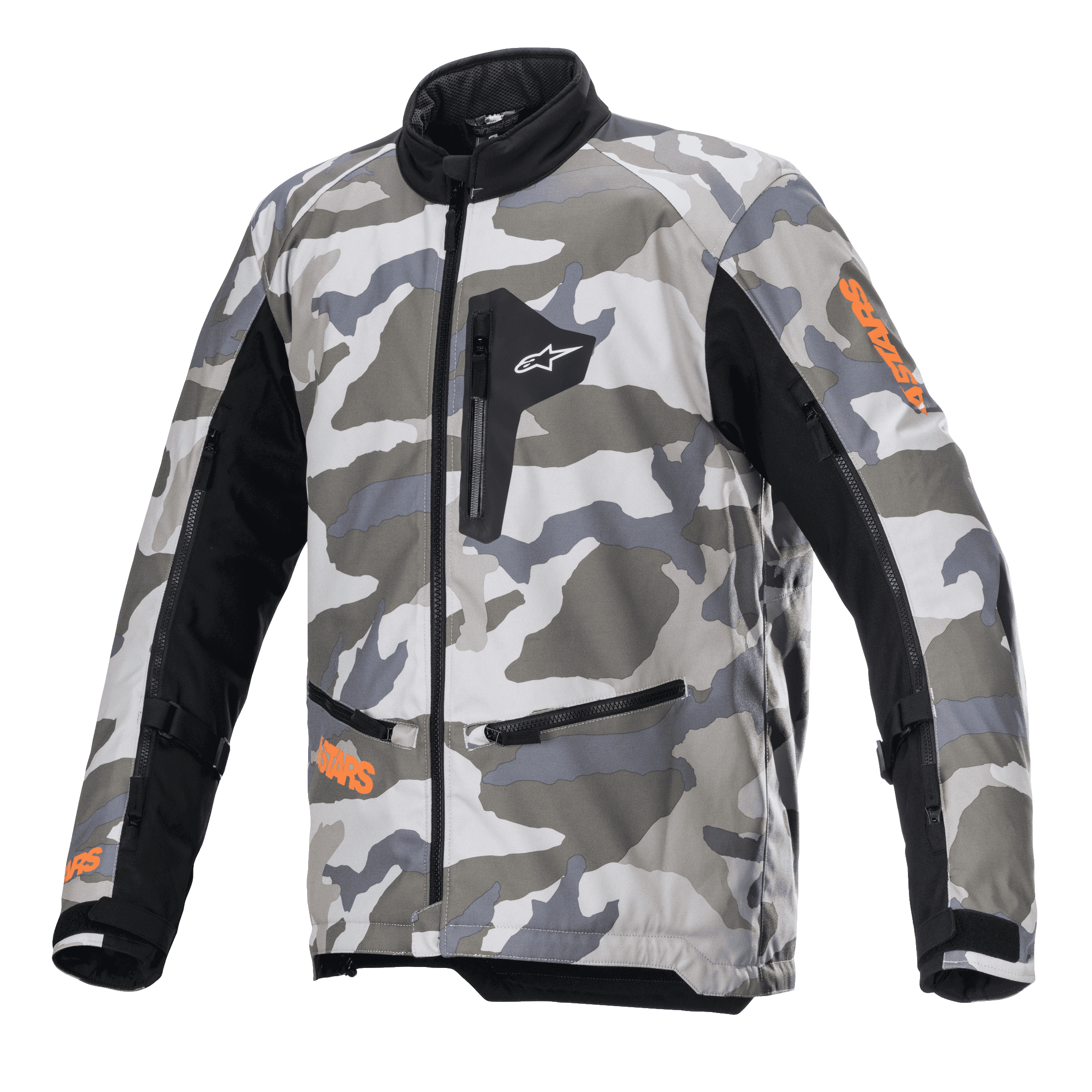 Veste Alpinestars Venture XT, veste de moto aventure touring, camouflage Mojave dans des nuances de gris et de blanc avec des accents orange fluo, panneaux textiles noirs sur les manches, poches zippées sur la poitrine et à la taille, col montant, construction textile durable pour l'aventure tout-terrain