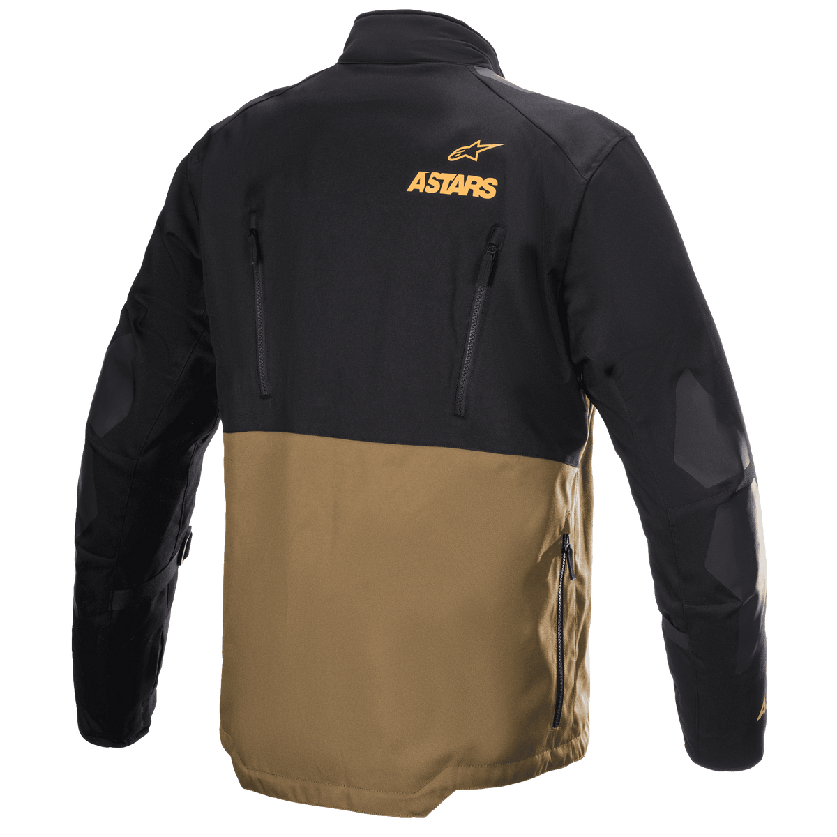 Veste Alpinestars Venture XT, veste de moto adventure touring, camel et noir, vue arrière montrant le logo Astars orange, fermetures éclair de ventilation verticales et panneaux renforcés aux coudes