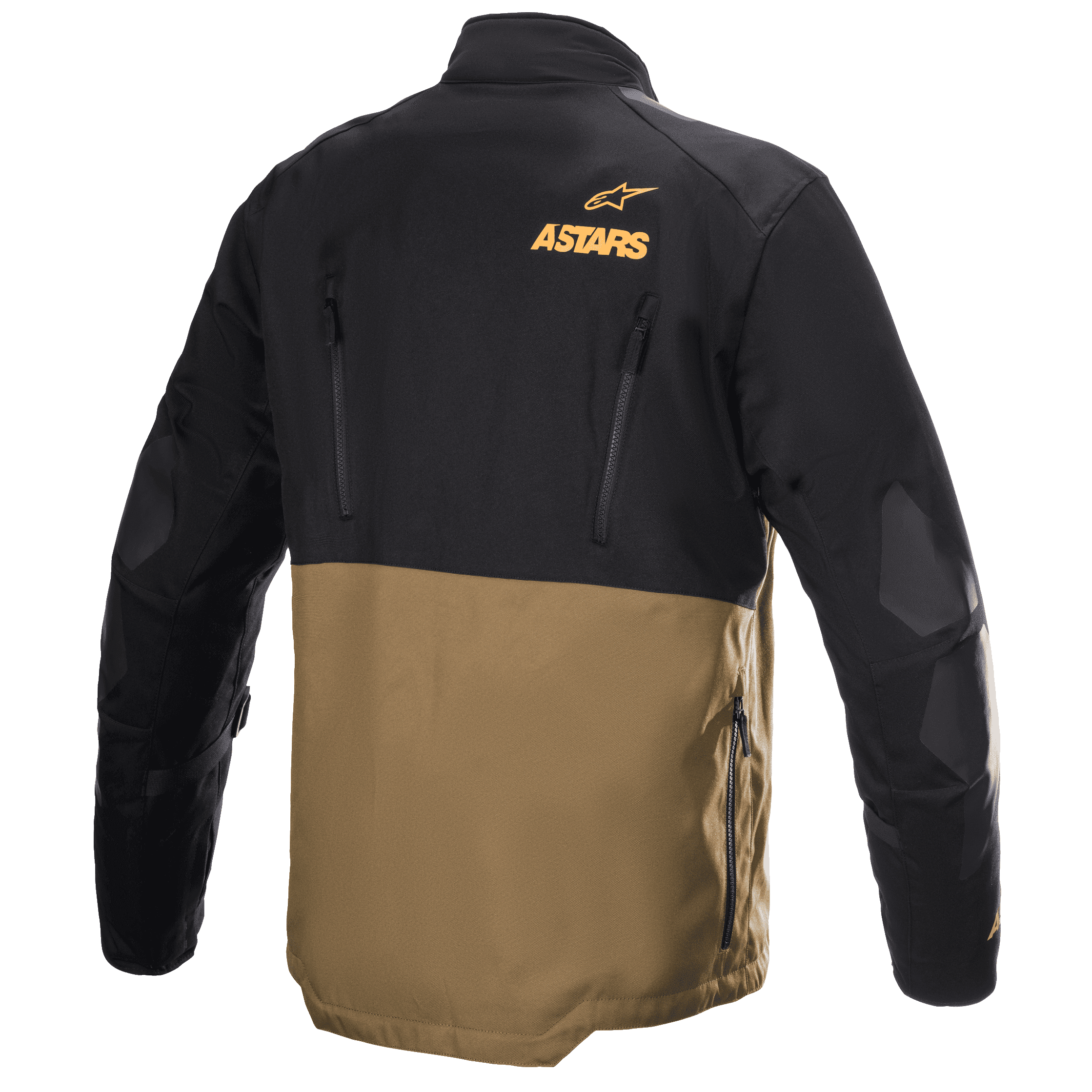 Veste Alpinestars Venture XT, veste de moto adventure touring, camel et noir, vue arrière montrant le logo Astars orange, fermetures éclair de ventilation verticales et panneaux renforcés aux coudes