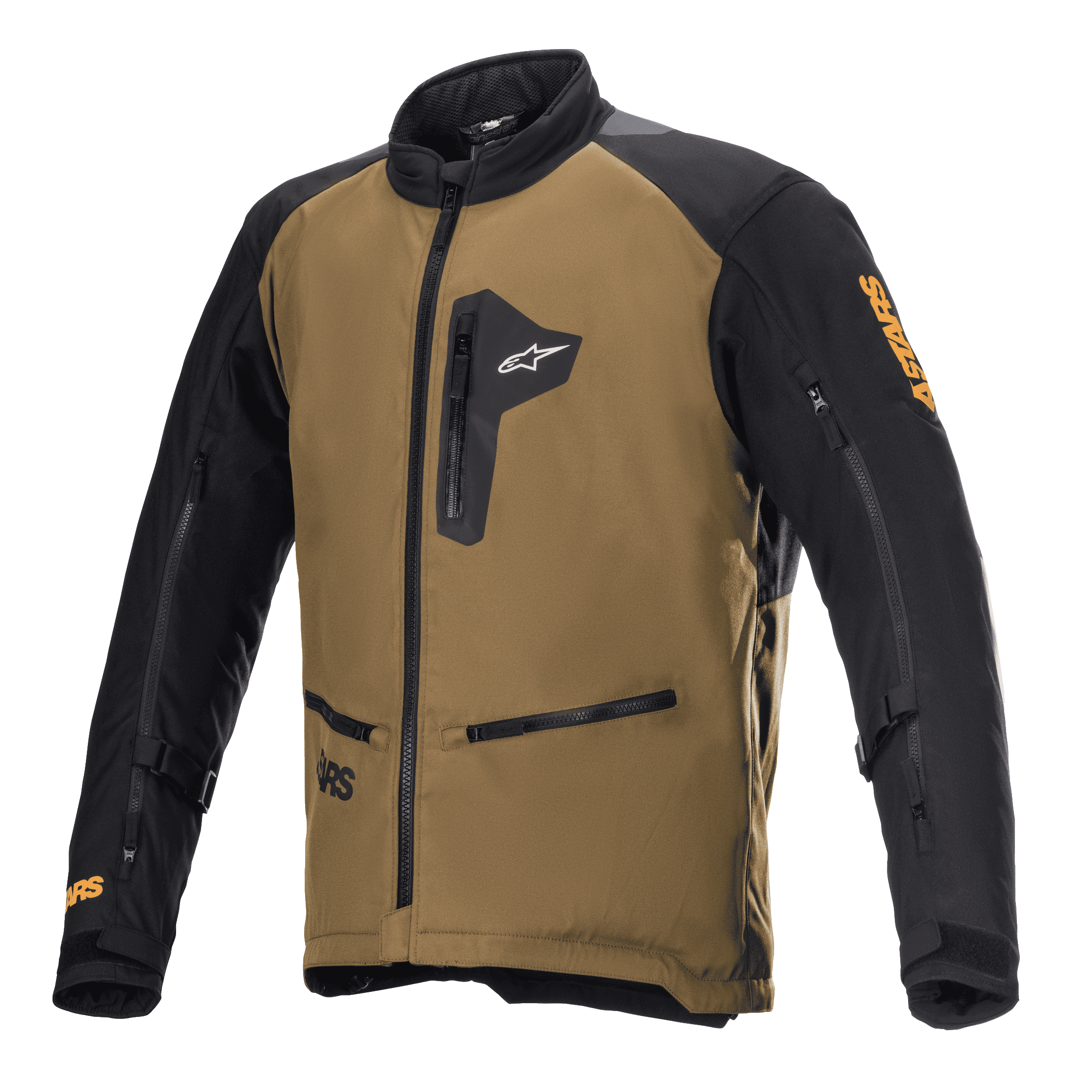 Veste Alpinestars Venture XT, veste de moto touring aventure, camel et noir, avec poches zippées sur la poitrine et pour les mains, fermetures éclair de ventilation aux manches, sangles de réglage aux bras et logo Astars orange