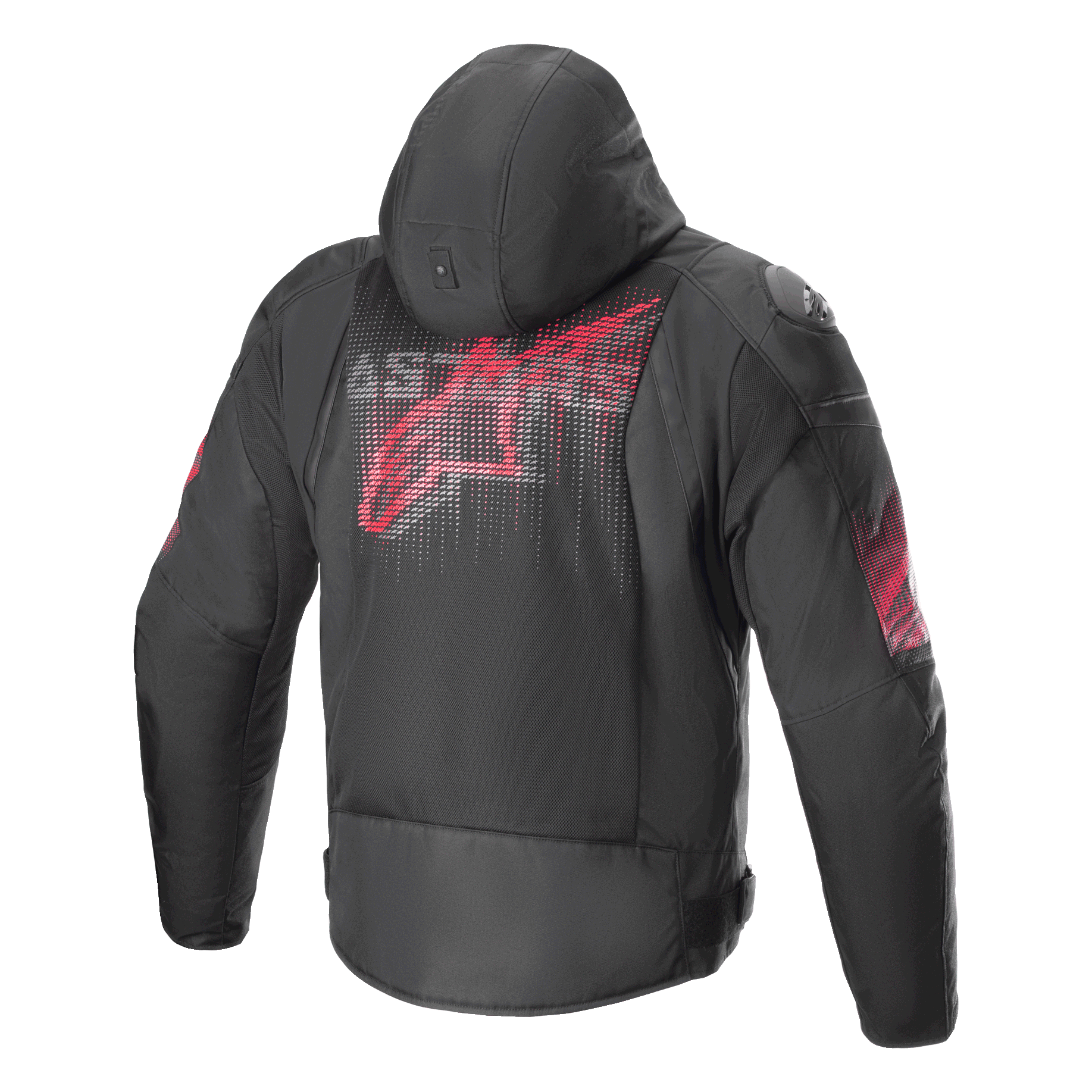 Veste Alpinestars Zaca Air Venom WP, noir et rouge vif, vue arrière présentant un grand logo rouge stylisé au dos, veste de moto textile avec panneaux en maille 3D, capuche amovible et sliders d'épaule DFS Lite, équipement de pilotage sportif.