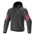 Veste Alpinestars Zaca Air Venom WP, veste de moto en textile, noir et rouge vif, motifs dégradés rouges sur les manches, logo ASTARS vertical sur la poitrine, design à capuche avec construction en mesh pour la ventilation, équipement de conduite sportive