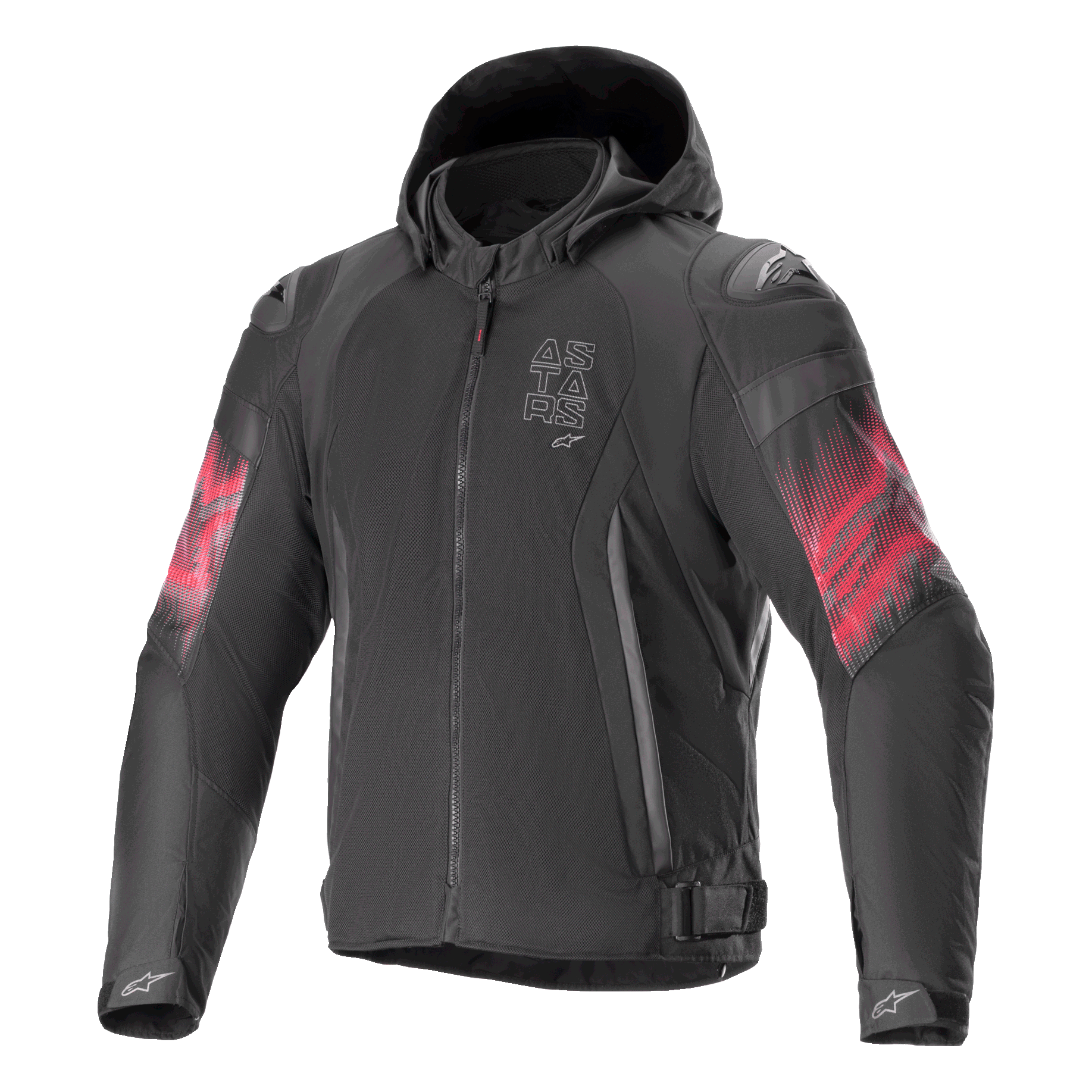 Veste Alpinestars Zaca Air Venom WP, veste de moto en textile, noir et rouge vif, motifs dégradés rouges sur les manches, logo ASTARS vertical sur la poitrine, design à capuche avec construction en mesh pour la ventilation, équipement de conduite sportive