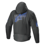 Alpinestars Zaca Air Venom Waterproof Jacket, men's textile motorcycle riding jacket with hood, rear view, Black and Electric Blue, featuring 3D mesh ventilation and CE certified protection