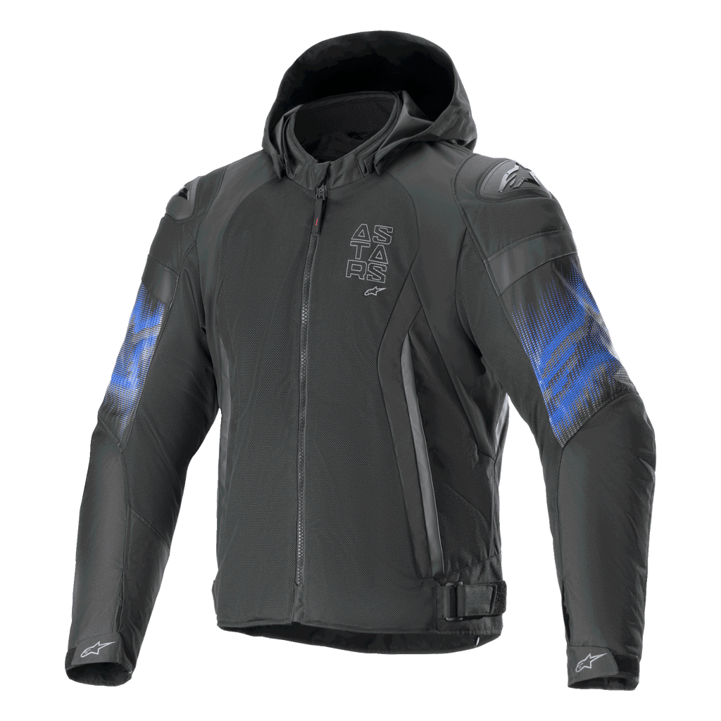 Alpinestars Zaca Air Venom Waterproof Jacket, Black and Electric Blue motorcycle textile jacket with hood and Tech-Air compatibility, CE certified