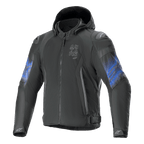 Alpinestars Zaca Air Venom Waterproof Jacket, Black and Electric Blue motorcycle textile jacket with hood and Tech-Air compatibility, CE certified