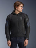 Alpinestars Zaca Air Venom WP Jacket, Black and Electric Blue, textile motorcycle jacket with a detachable hood and 3D mesh panels for ventilation, features DFS Lite shoulder sliders and ASTARS branding on the chest, worn by a male model, sport-inspired urban riding gear