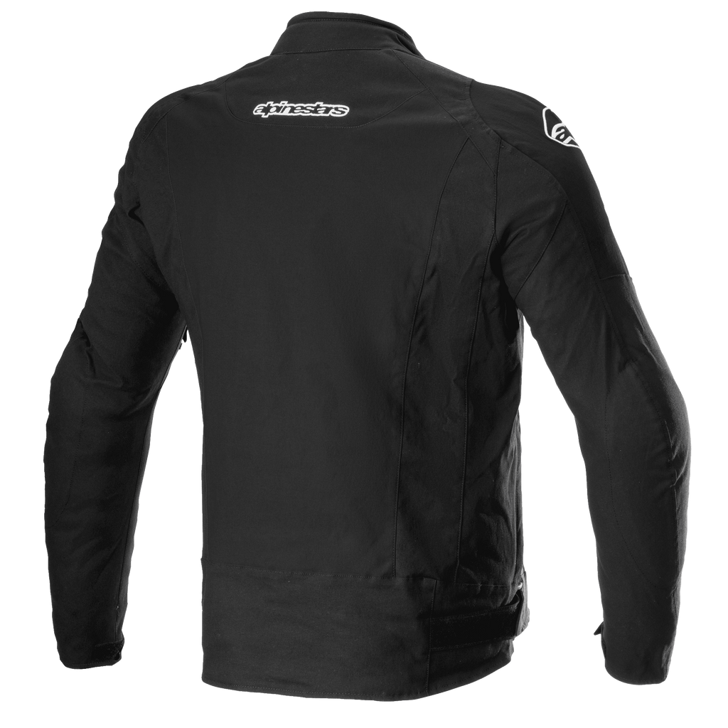 Veste Alpinestars T-GP Force, veste de moto en textile, noire, vue arrière montrant le marquage Alpinestars sur le haut du dos et les épaules, design sportif ajusté