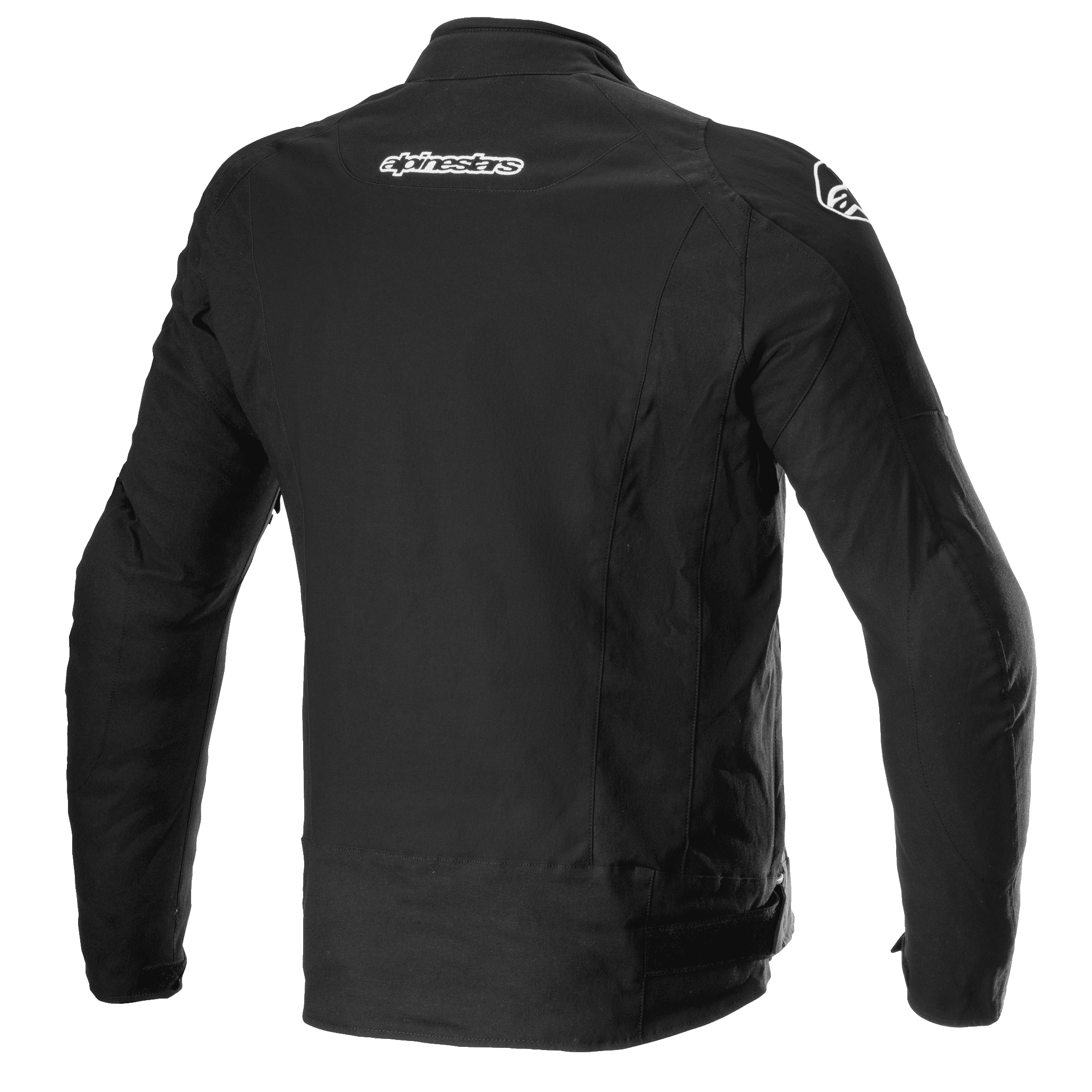 Veste Alpinestars T-GP Force, veste de moto en textile, noire, vue arrière montrant le marquage Alpinestars sur le haut du dos et les épaules, design sportif ajusté