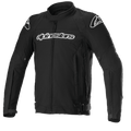 Alpinestars T-GP Force Jacket, veste de moto en textile noir avec logos blancs sur la poitrine et les épaules, fermeture éclair frontale intégrale, col montant, manches préformées, coupe sportive pour la route