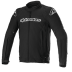 Alpinestars T-GP Force Jacket, veste de moto en textile noir avec logos blancs sur la poitrine et les épaules, fermeture éclair frontale intégrale, col montant, manches préformées, coupe sportive pour la route