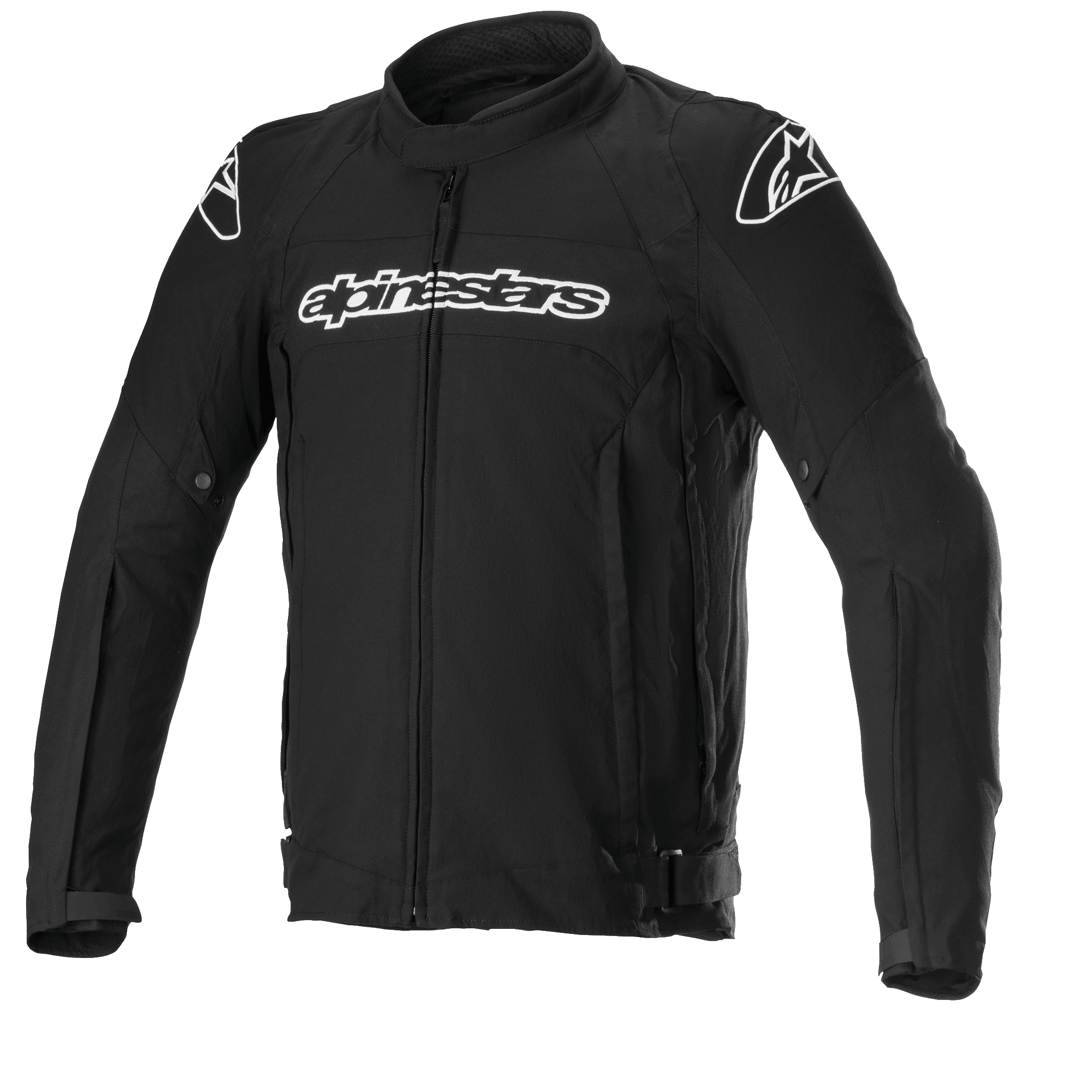 Alpinestars T-GP Force Jacket, veste de moto en textile noir avec logos blancs sur la poitrine et les épaules, fermeture éclair frontale intégrale, col montant, manches préformées, coupe sportive pour la route