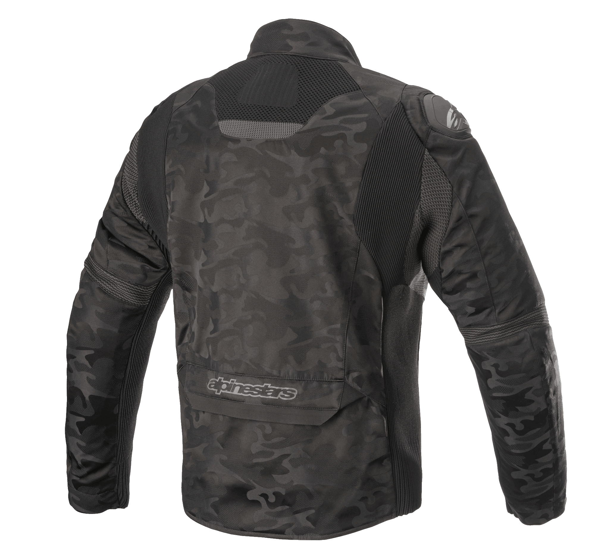 Veste textile Alpinestars T SP-5 Rideknit®, veste de moto, Camo Noir, vue de dos avec panneaux extensibles en maille, motif camouflage sur textile résistant à l'abrasion, logo Alpinestars sur le bas du dos.