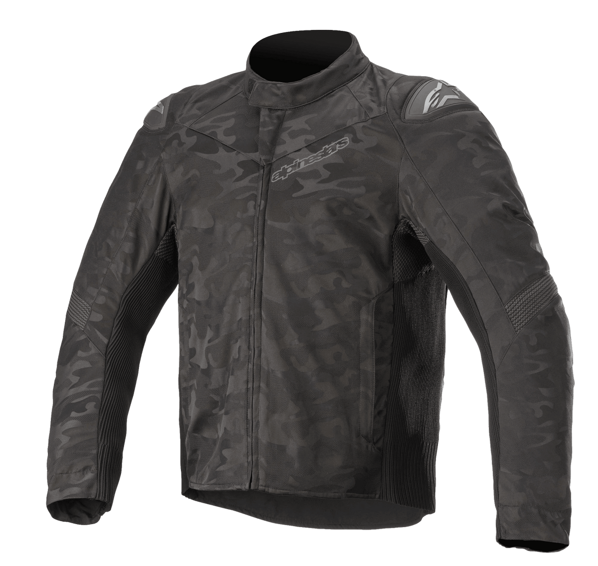 Alpinestars T SP-5 Rideknit® Textile Jacket, Motorcycle Jacket, Black Camo, featuring a dark camouflage pattern, ribbed knitted panels for stretch, external shoulder sliders, high collar, and a streamlined sport fit