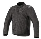 Veste textile Alpinestars T SP-5 Rideknit®, veste de moto, camouflage noir, motif camouflage sombre, panneaux en tricot côtelé extensibles, sliders d'épaules externes, col montant, coupe sportive profilée