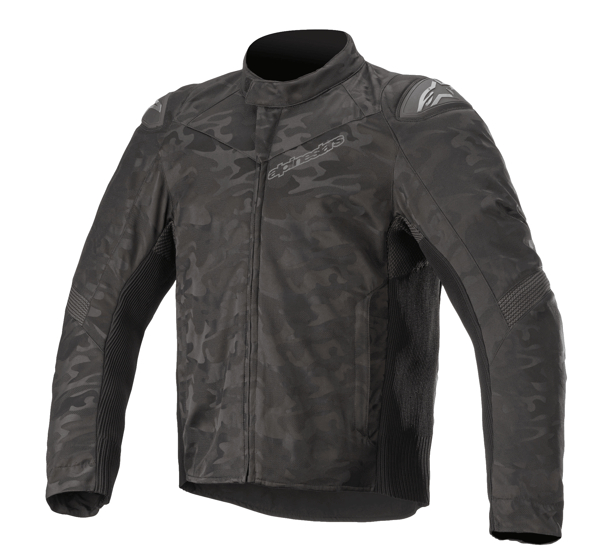 Veste textile Alpinestars T SP-5 Rideknit®, veste de moto, camouflage noir, motif camouflage sombre, panneaux en tricot côtelé extensibles, sliders d'épaules externes, col montant, coupe sportive profilée