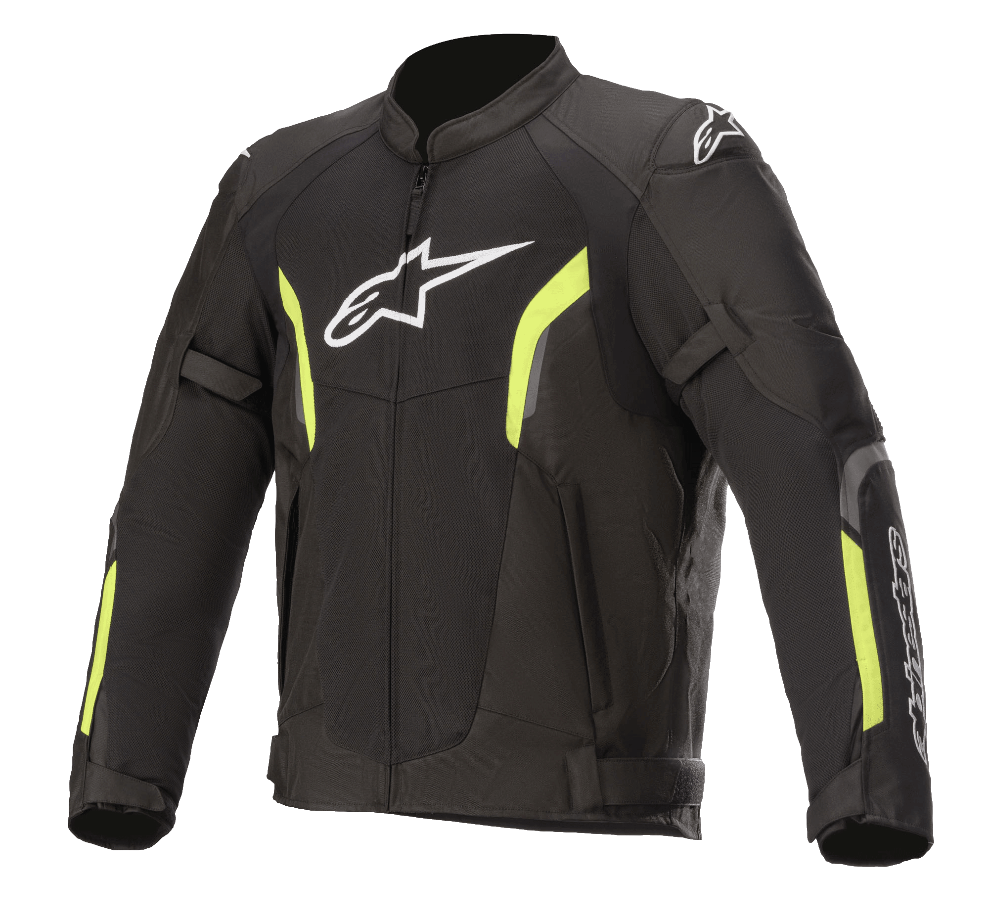 Veste Alpinestars AST V2 Air, veste de moto en maille, noir et jaune fluo, logo Astars blanc sur la poitrine, larges panneaux en maille pour la ventilation, accents jaune fluo sur les manches et la poitrine, et sangles de réglage aux bras pour une coupe sportive et protectrice