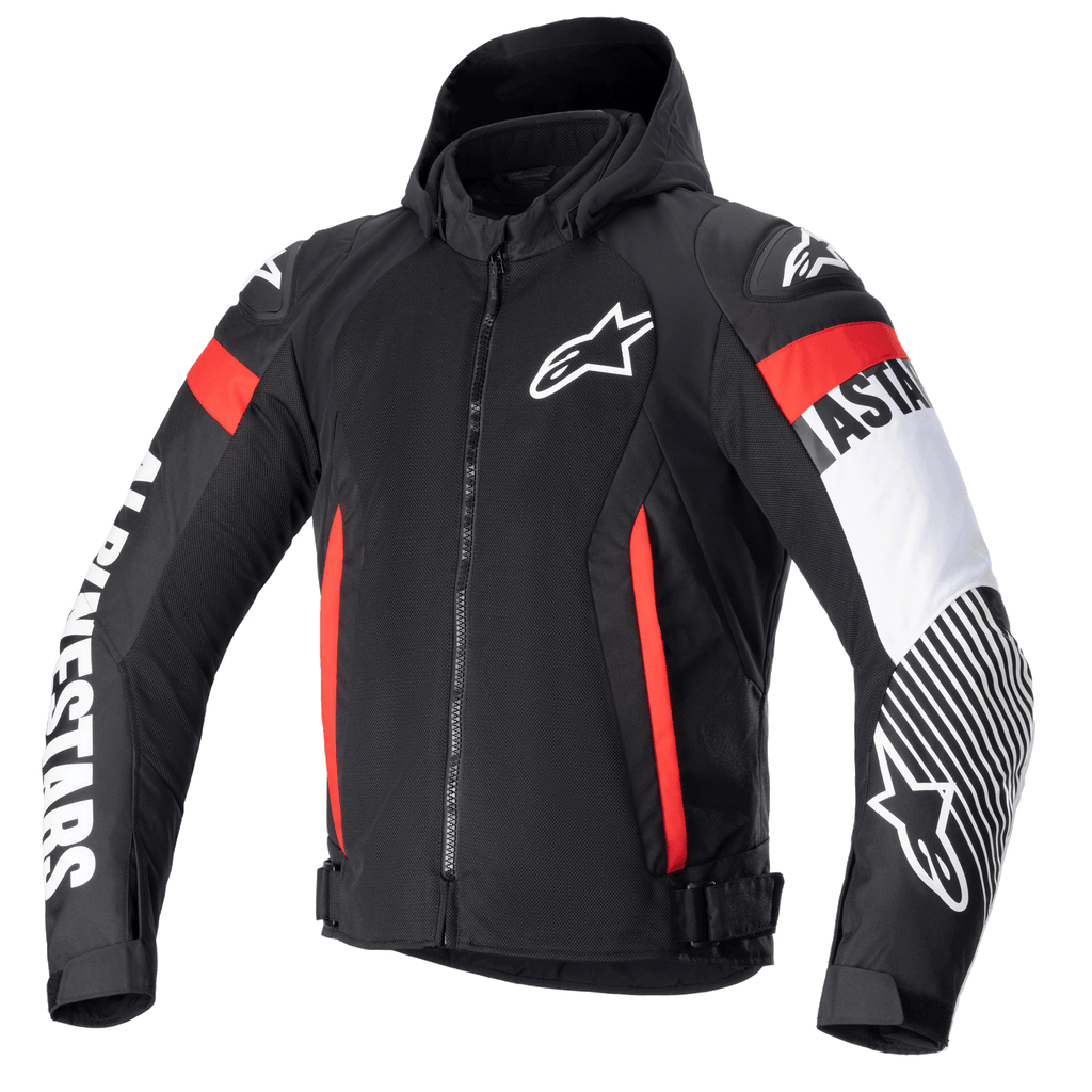 Alpinestars Zaca Air Jacket, Black textile motorcycle jacket with red and white fluo accents, featuring a detachable hood, 3D mesh panels for ventilation, bold white Alpinestars branding on sleeves, star logo on chest, and adjustable waist straps.