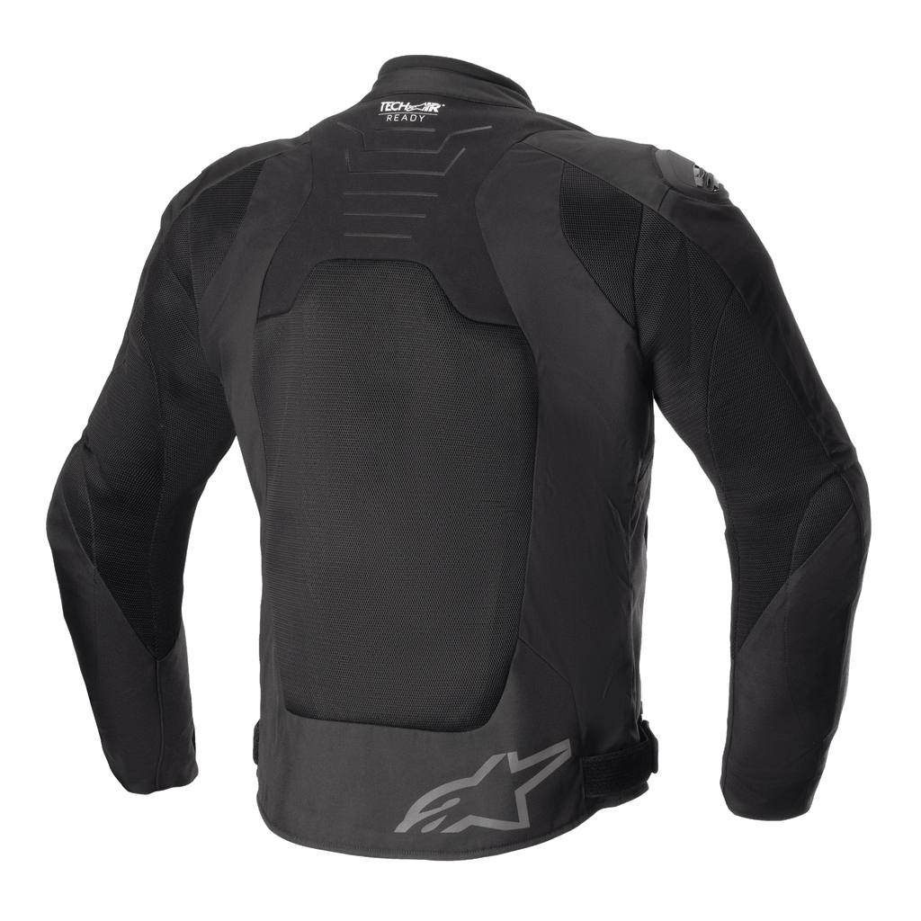 Veste Alpinestars SMX Air, Noir, vue de dos, dotée de grands panneaux en maille technique pour la ventilation, marquage Tech-Air Ready sur le haut du dos, logo étoile Alpinestars sur le bas du dos, veste de moto textile de style sport.