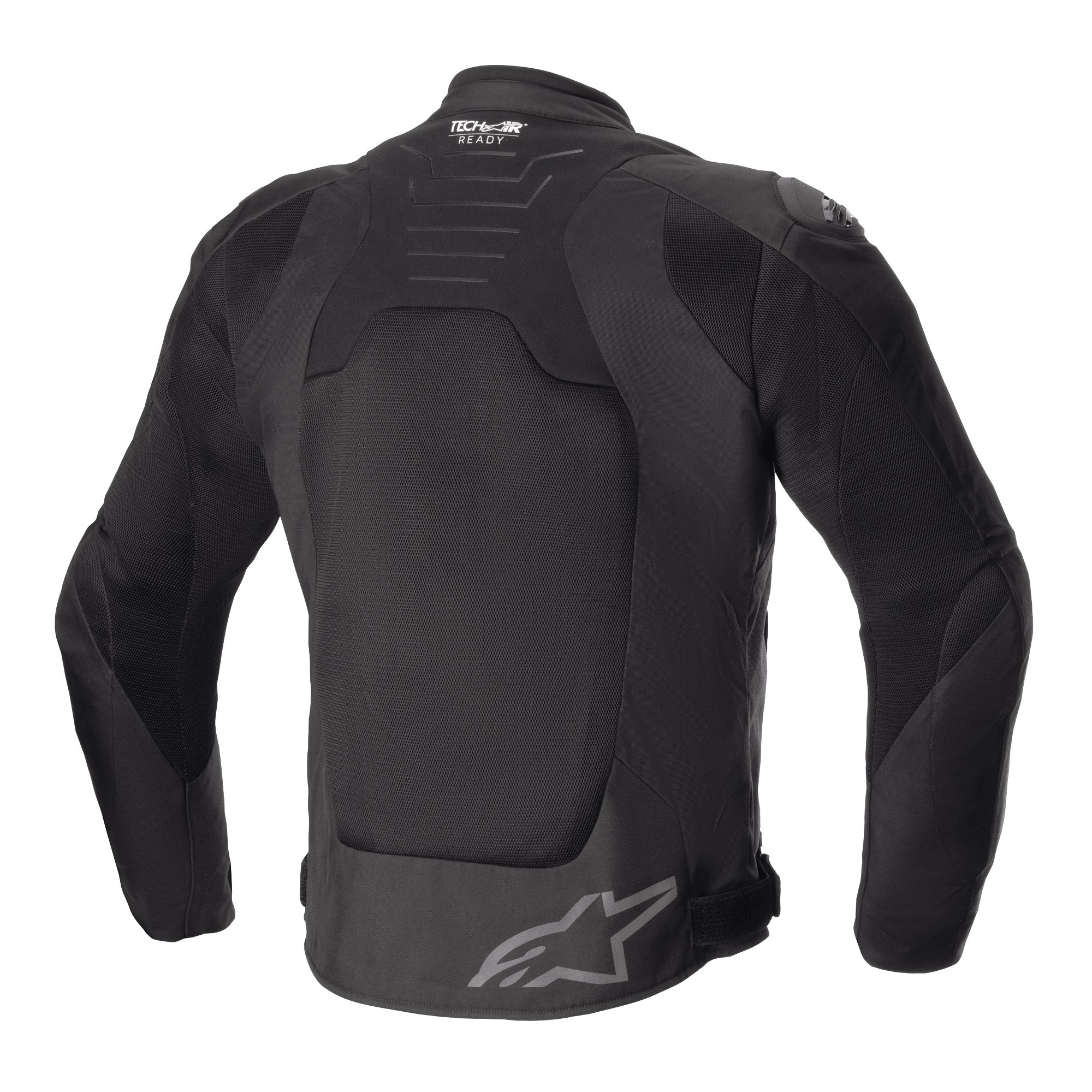 Veste Alpinestars SMX Air, Noir, vue de dos, dotée de grands panneaux en maille technique pour la ventilation, marquage Tech-Air Ready sur le haut du dos, logo étoile Alpinestars sur le bas du dos, veste de moto textile de style sport.