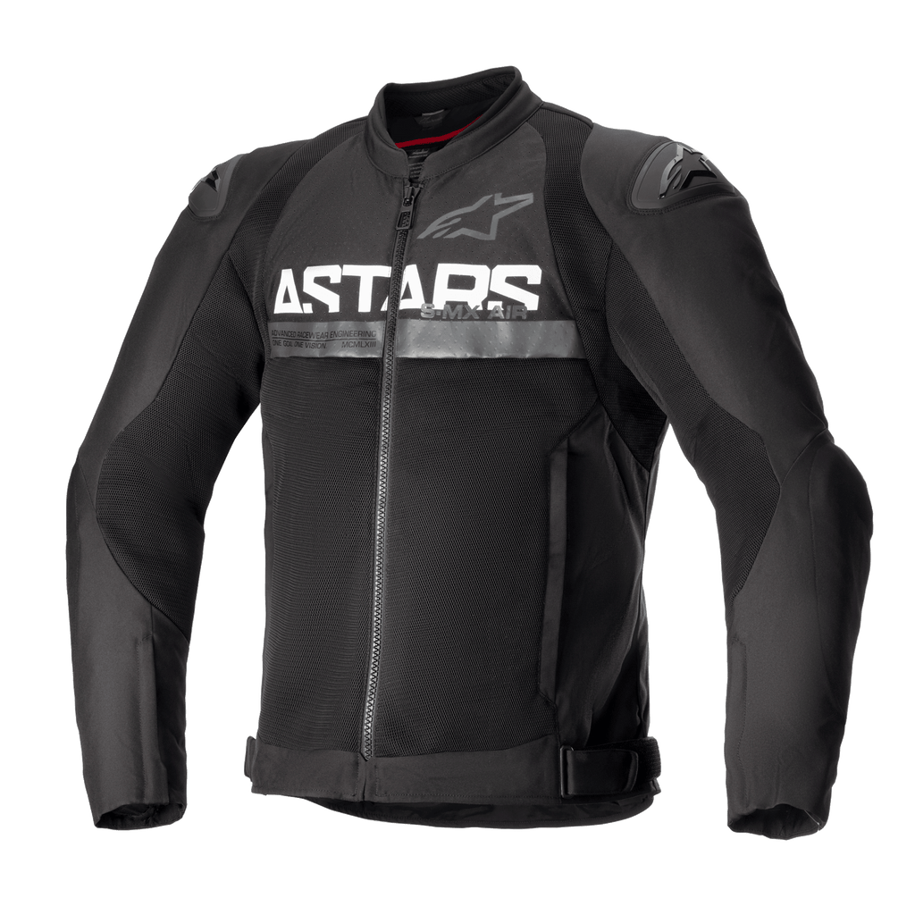 Alpinestars SMX Air Jacket, blouson de moto en textile noir, avec panneaux de ventilation en mesh, marquage blanc ASTARS sur la poitrine, sliders d'épaules externes DFS Lite et fermeture éclair frontale, design racing ajusté