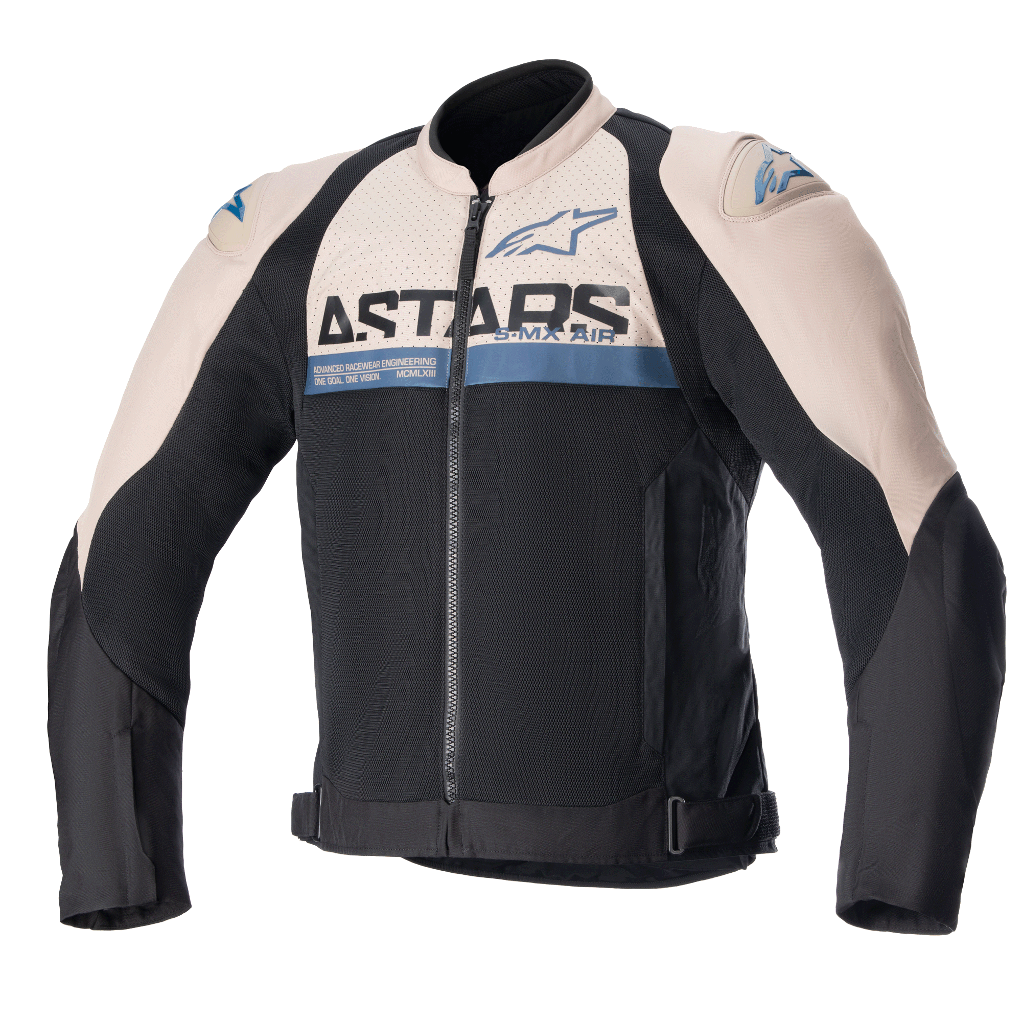 Alpinestars SMX Air Jacket, veste de moto sport, marron clair et noir avec accents bleu sodalite, panneaux de ventilation en mesh, marquage ASTARS sur la poitrine, fermeture éclair frontale, sangles de taille ajustables, sliders de protection aux épaules
