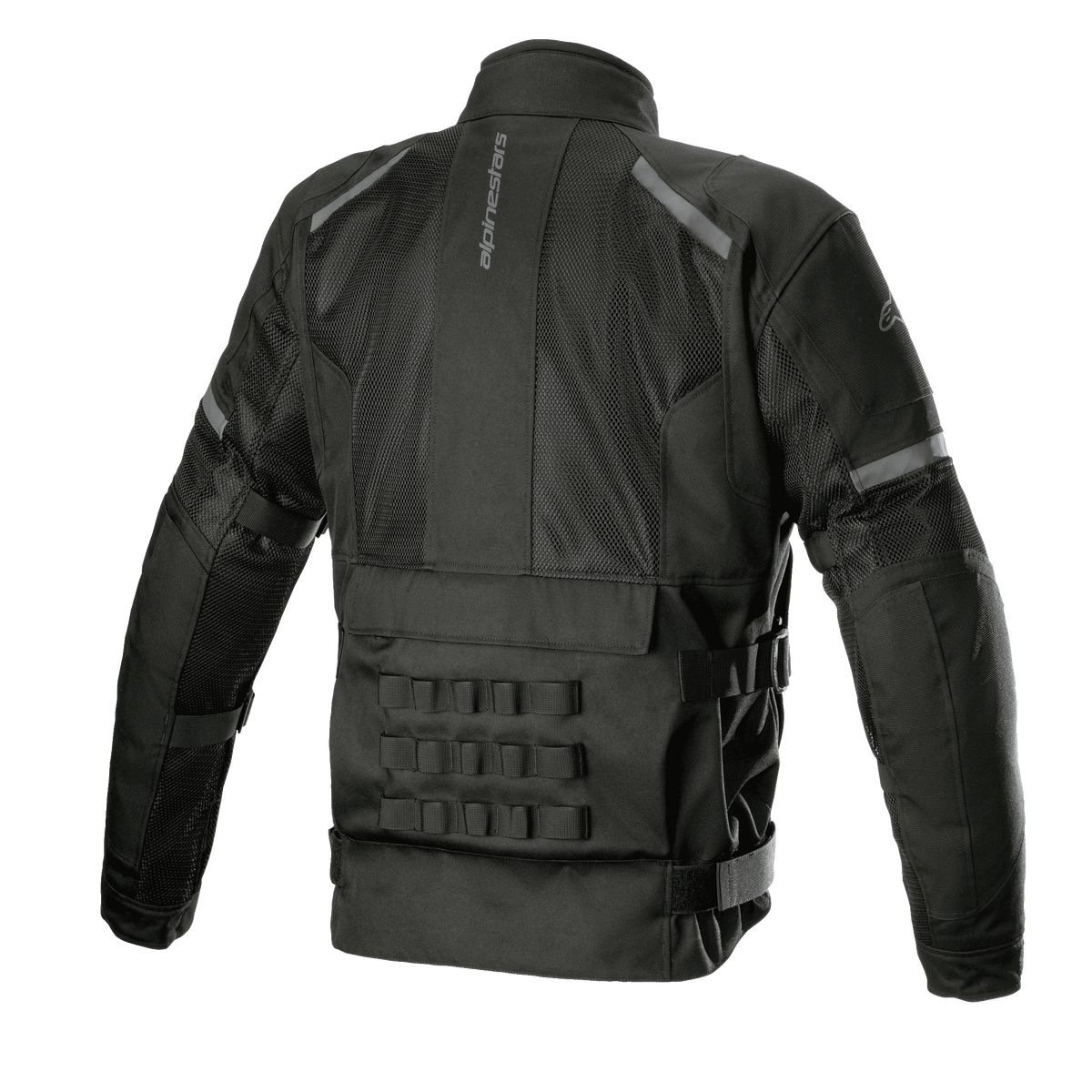 Veste Alpinestars Crosshill Air Waterproof, noire, vue arrière mettant en évidence les larges panneaux en mesh technique, le logo Alpinestars vertical, le système de connexion modulaire PALS sur le bas du dos et les sangles de réglage à la taille, équipement de touring moto durable